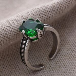 * NEW 925 Sterling Silver Green Crystal Retro Boho Adjustable Open Ring